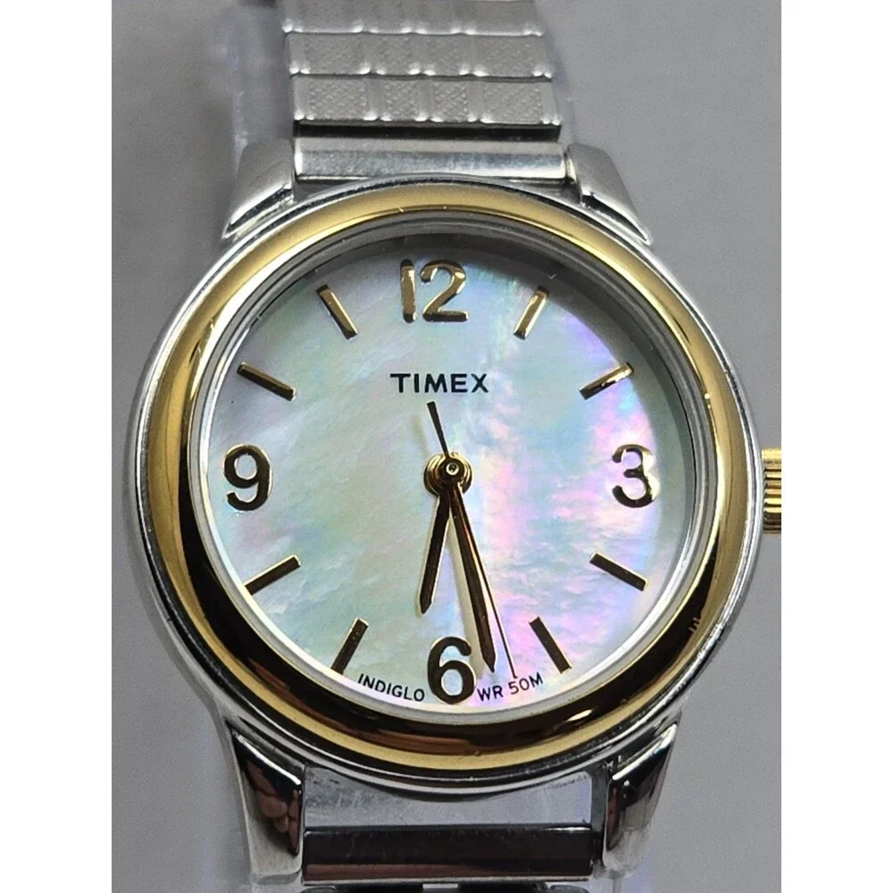 Timex T2N842 Elevated Classics MOP Indiglo 50M Two Tone Analog Watch New Battery